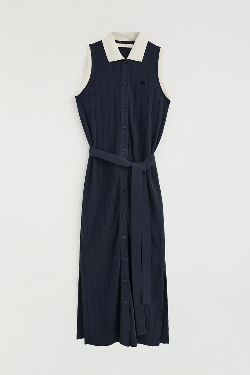 Navy-blue ribbed dress with tie waist Polo Club - Image 6