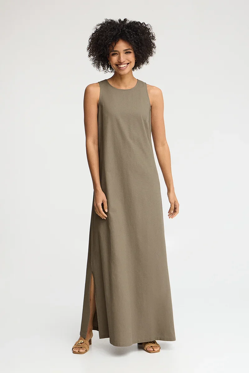 Khaki cotton-linen sleeveless dress with Polo Club logo