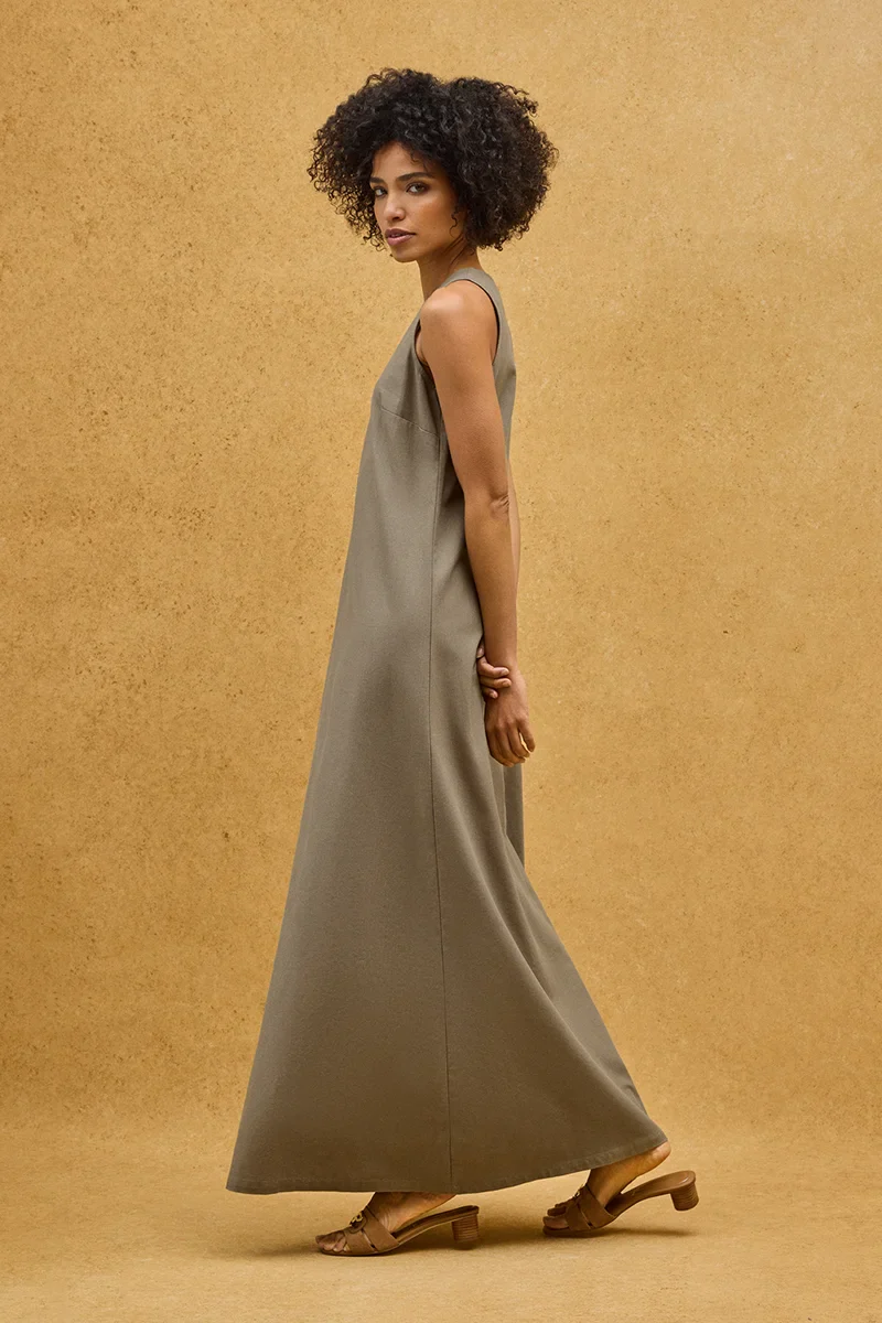 Khaki cotton-linen sleeveless dress with Polo Club logo - Image 2
