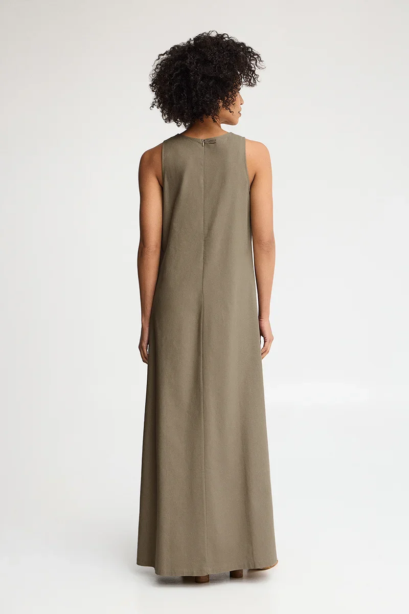 Khaki cotton-linen sleeveless dress with Polo Club logo - Image 6