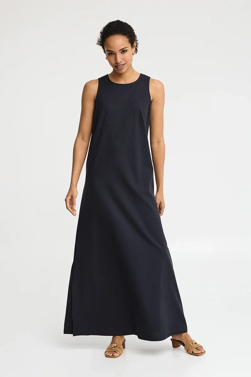 Navy-blue cotton-linen sleeveless dress with Polo Club logo