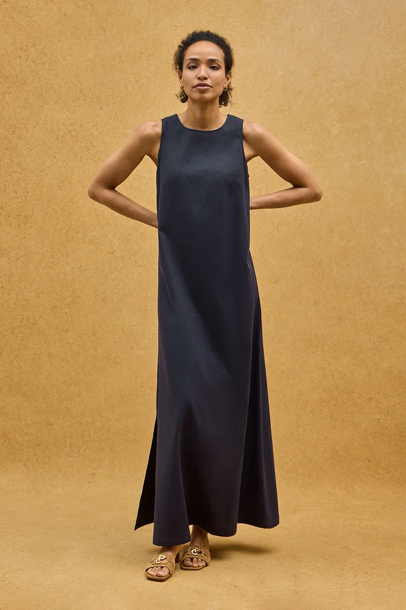 Navy-blue cotton-linen sleeveless dress with Polo Club logo - Image 3