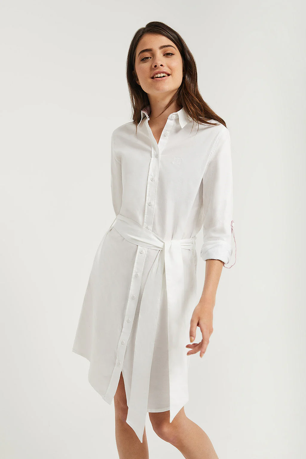 White long-sleeve shirtdress with embroidered detail