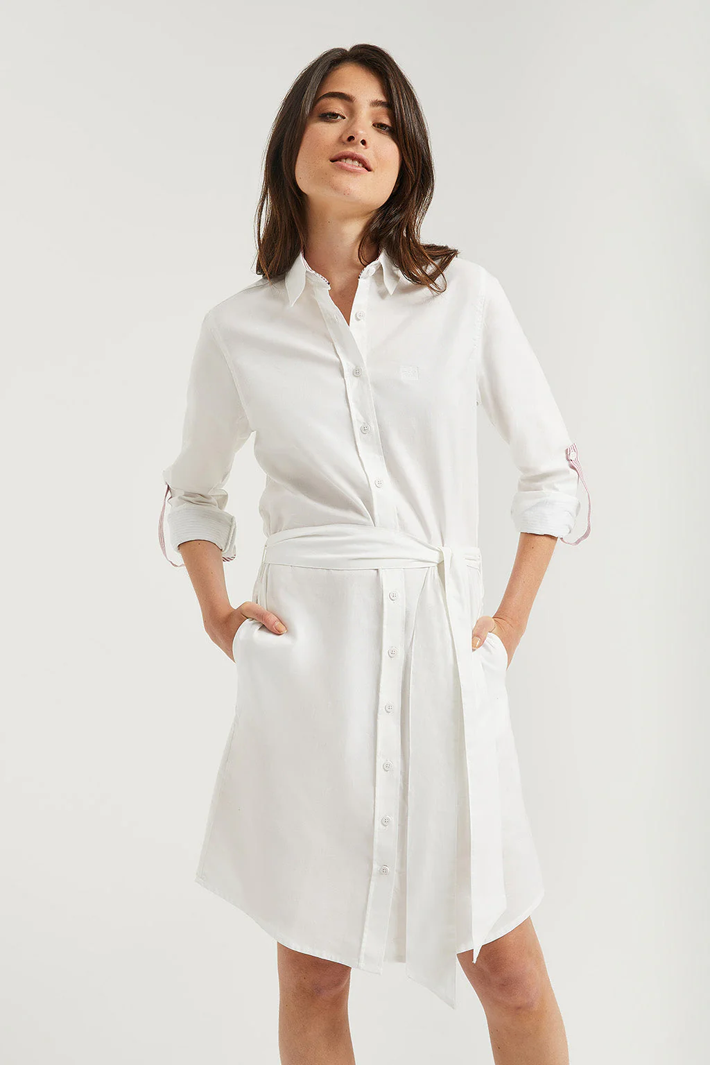 White long-sleeve shirtdress with embroidered detail - Image 2