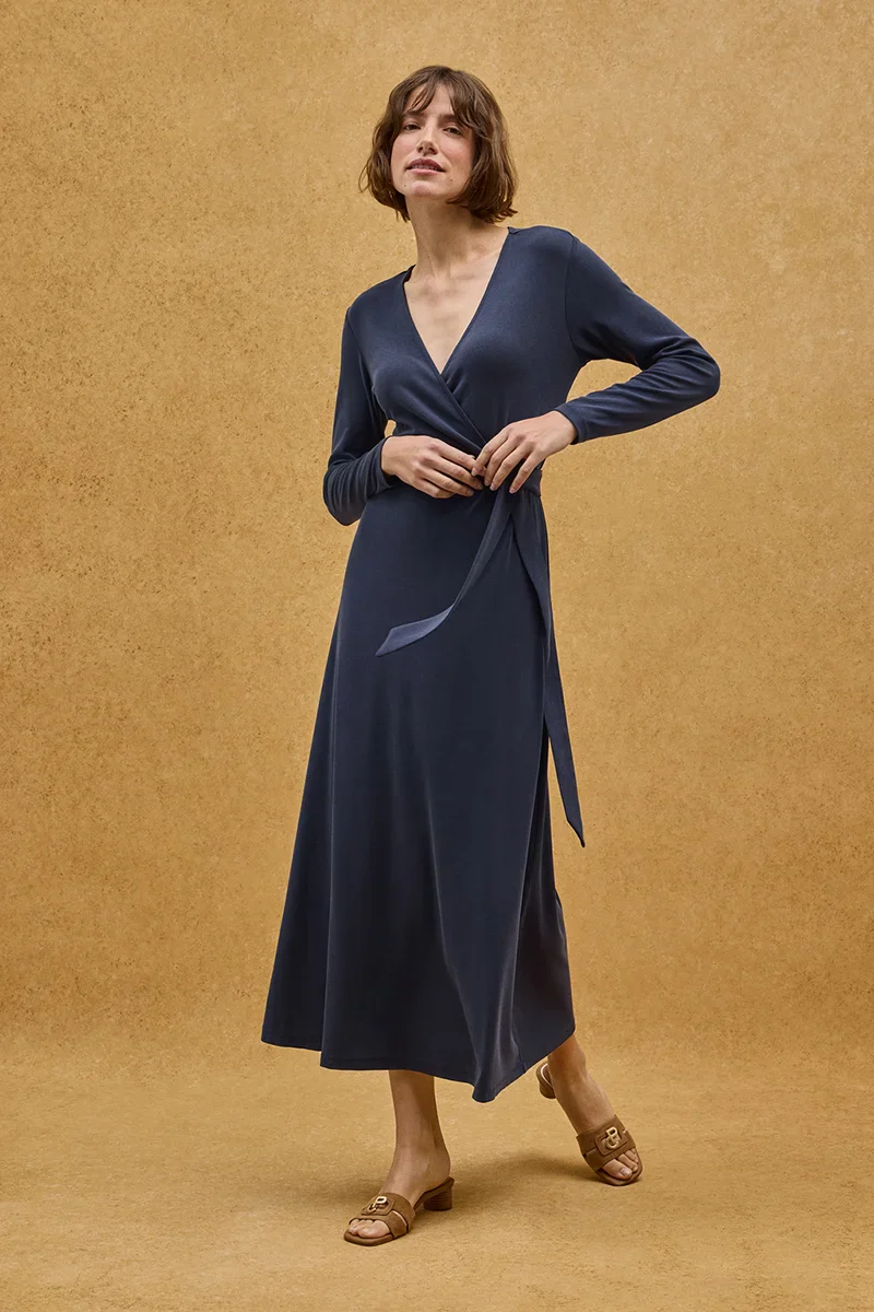 Navy-blue long-sleeve wrap dress with V-neck and Polo Club logo