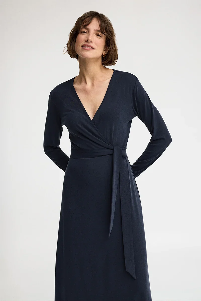 Navy-blue long-sleeve wrap dress with V-neck and Polo Club logo - Image 2