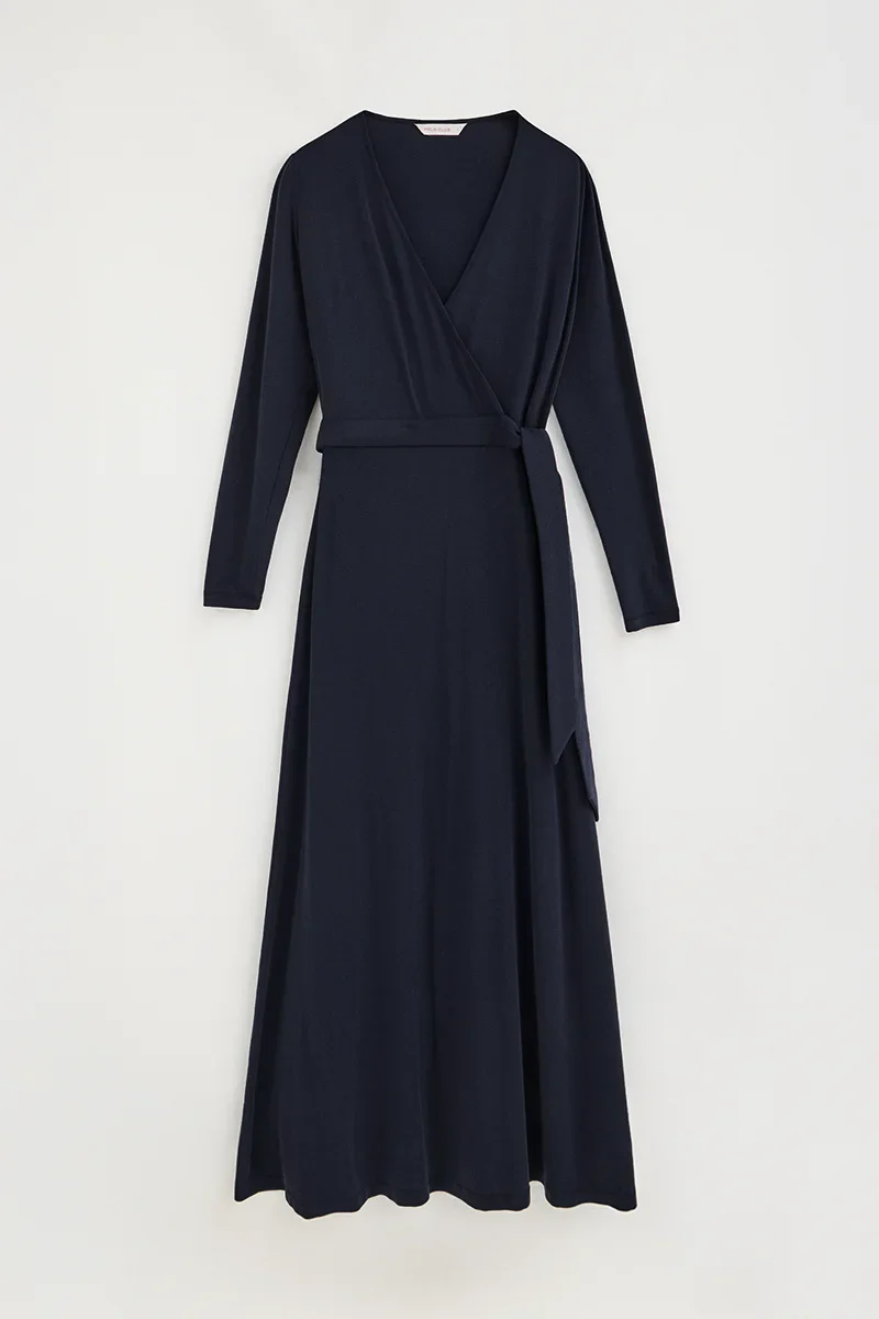 Navy-blue long-sleeve wrap dress with V-neck and Polo Club logo - Image 6