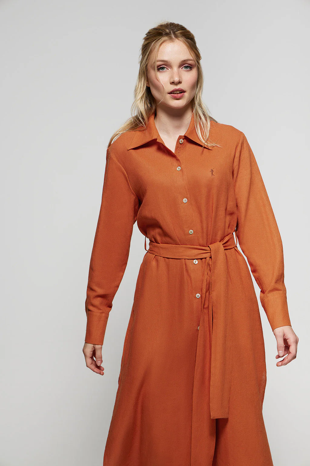 Caldera-red linen midi dress with Rigby Go embroidered detail