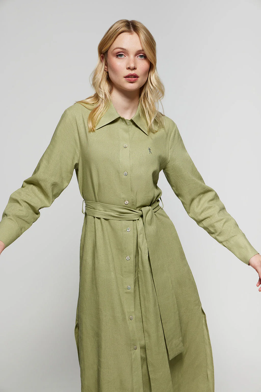Green linen midi dress with Rigby Go embroidered detail