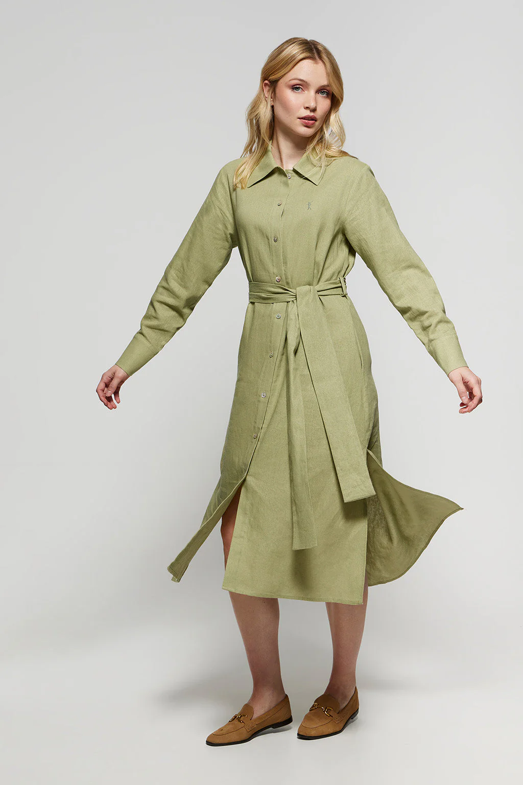 Green linen midi dress with Rigby Go embroidered detail - Image 2