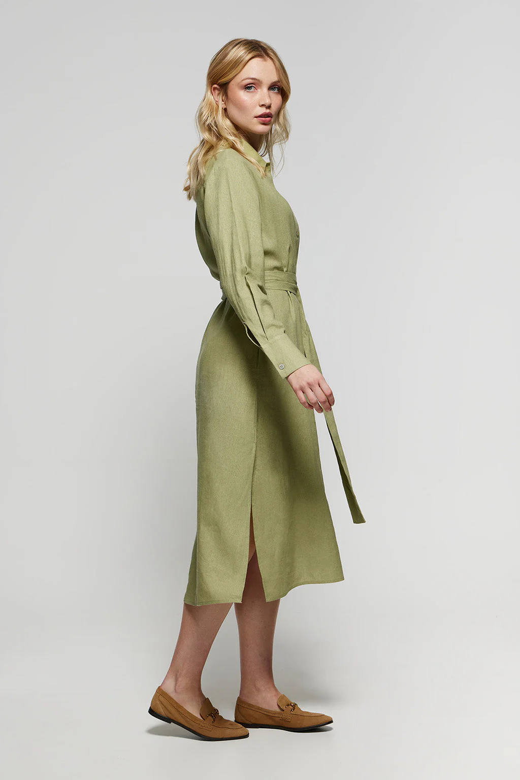 Green linen midi dress with Rigby Go embroidered detail - Image 4