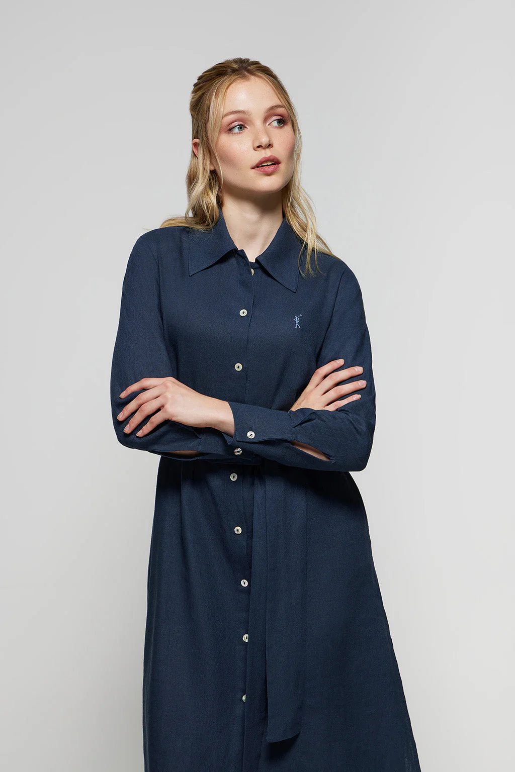 Navy-blue linen midi dress with Rigby Go embroidered detail - Image 4
