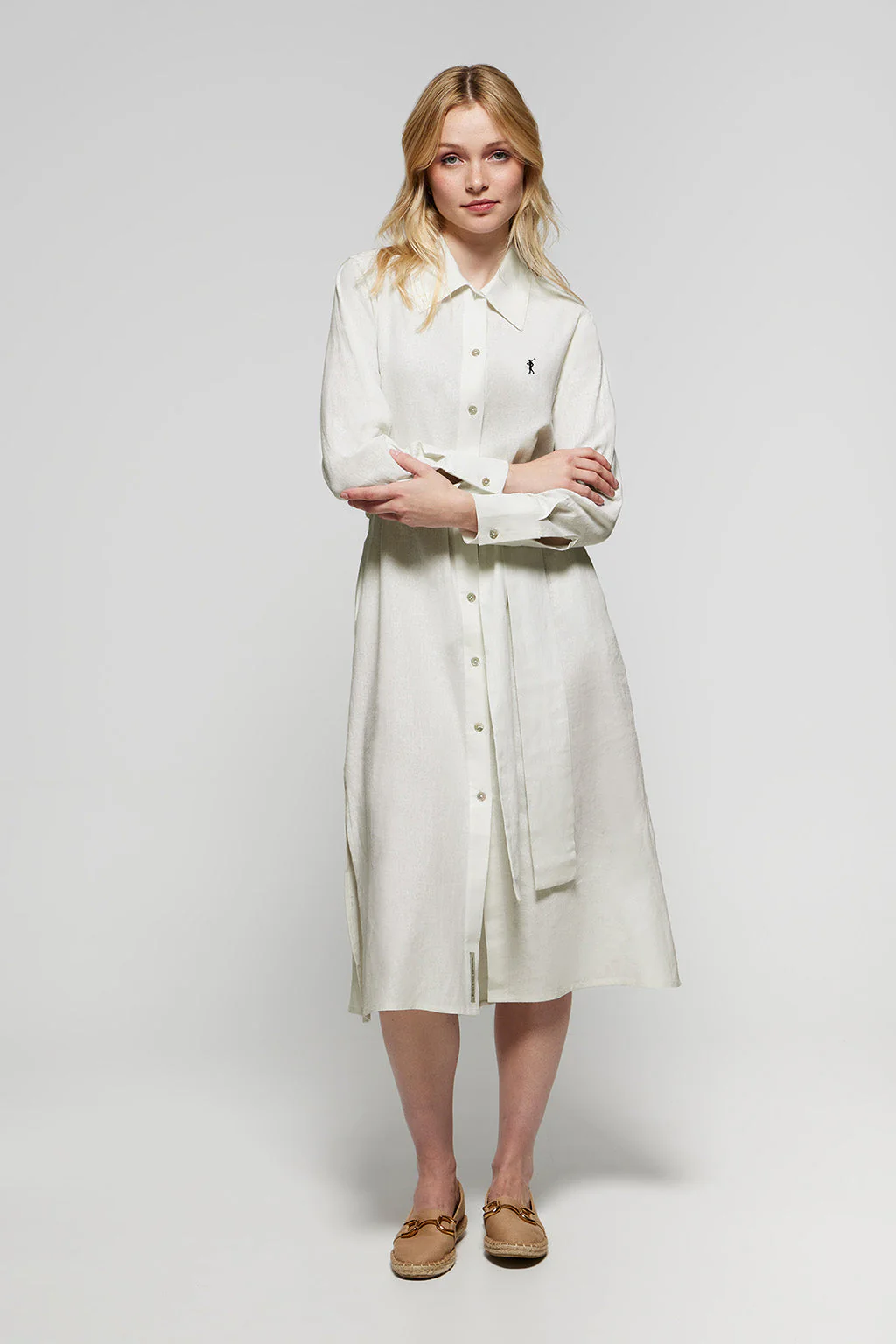 White linen midi dress with Rigby Go embroidered detail - Image 2