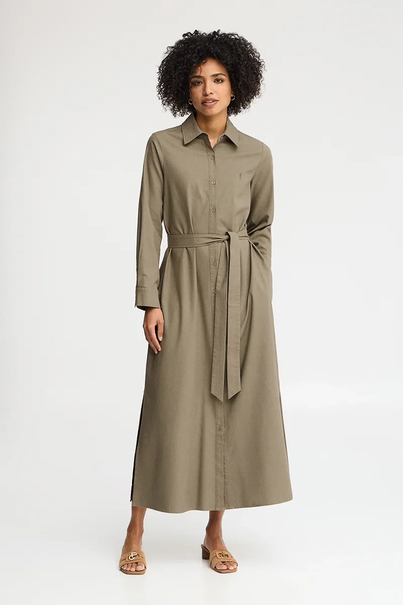 Khaki cotton-linen shirtdress with long sleeves and Rigby Go logo - Image 2