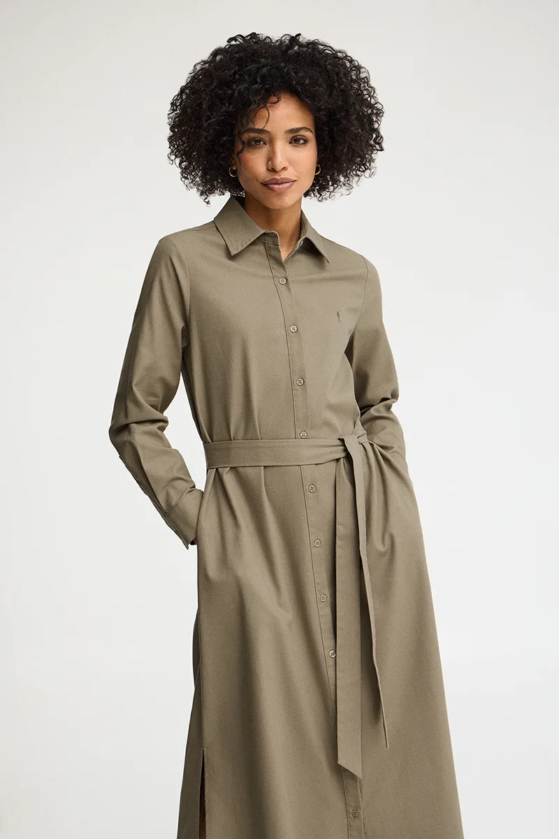 Khaki cotton-linen shirtdress with long sleeves and Rigby Go logo - Image 3