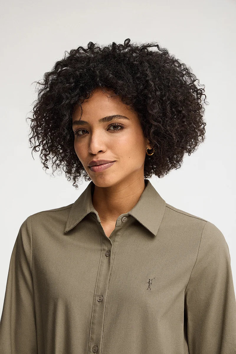 Khaki cotton-linen shirtdress with long sleeves and Rigby Go logo - Image 4