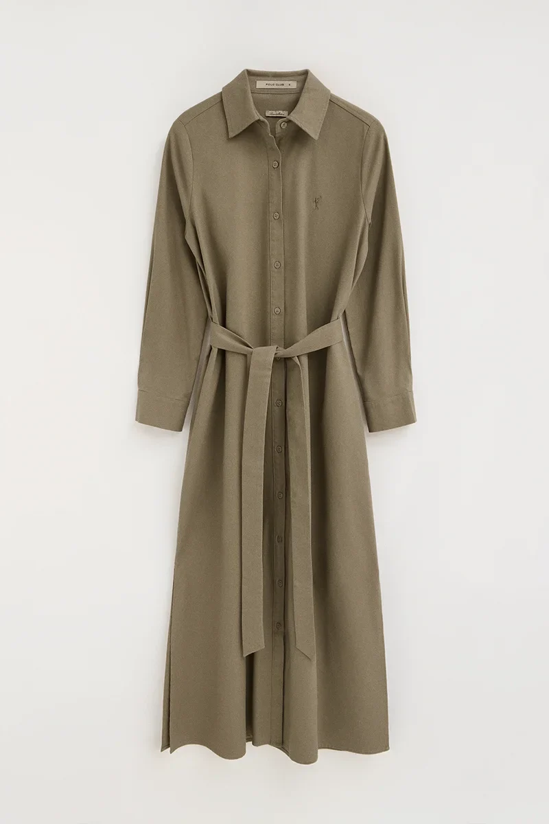 Khaki cotton-linen shirtdress with long sleeves and Rigby Go logo - Image 8