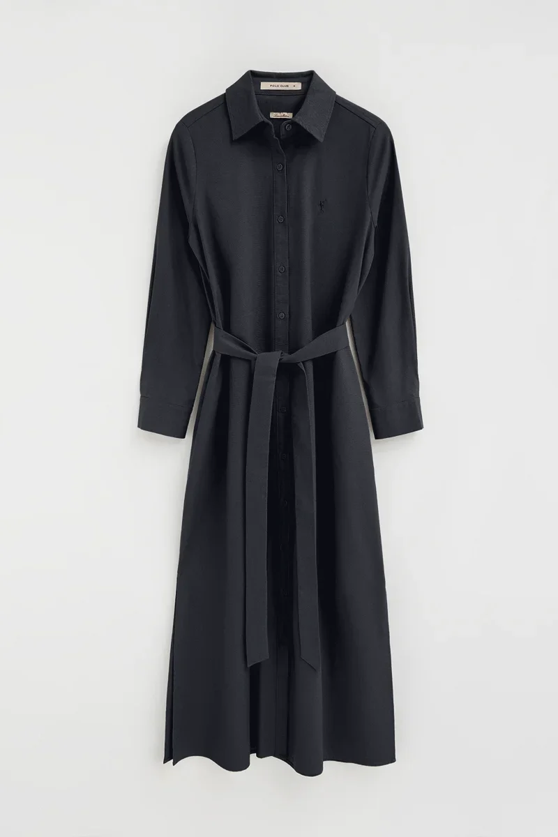 Navy-blue cotton-linen shirtdress with long sleeves and Rigby Go logo - Image 4