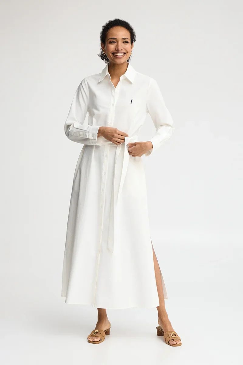 White cotton-linen shirtdress with long sleeves and Rigby Go logo