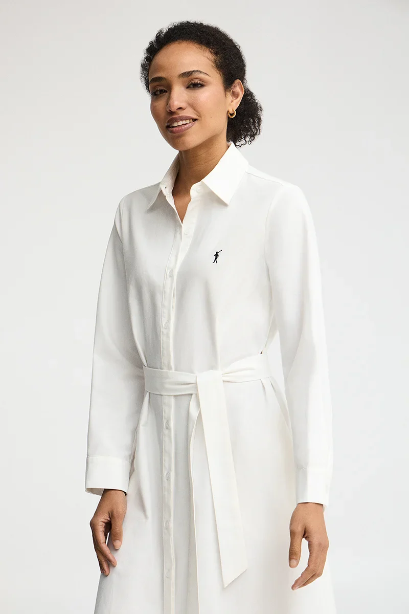 White cotton-linen shirtdress with long sleeves and Rigby Go logo - Image 2