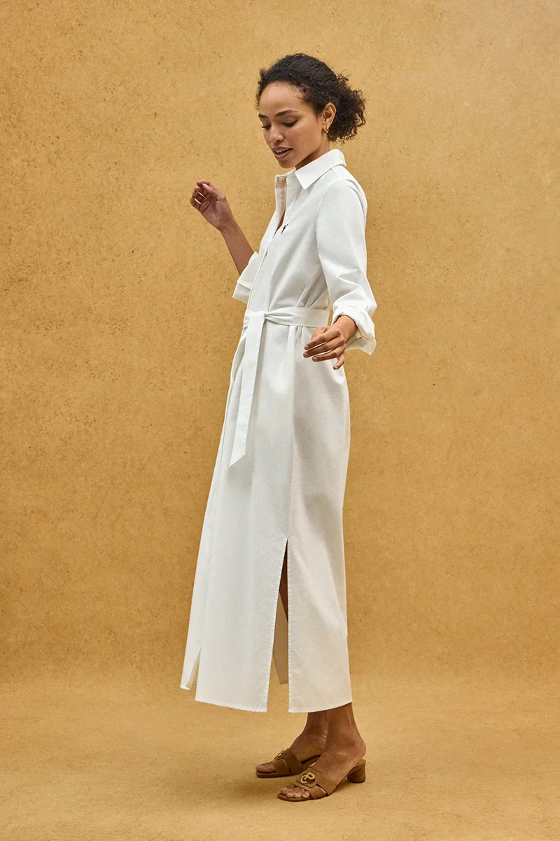 White cotton-linen shirtdress with long sleeves and Rigby Go logo - Image 3