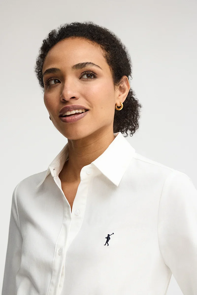 White cotton-linen shirtdress with long sleeves and Rigby Go logo - Image 4