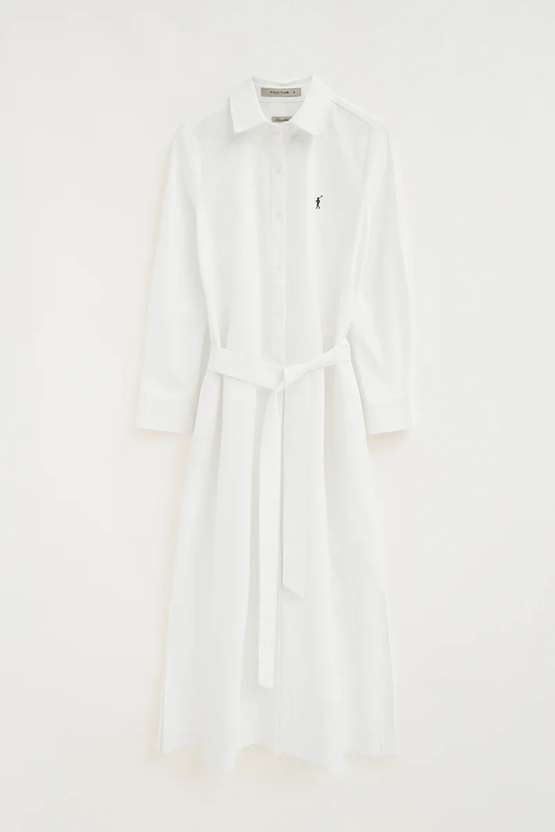 White cotton-linen shirtdress with long sleeves and Rigby Go logo - Image 9