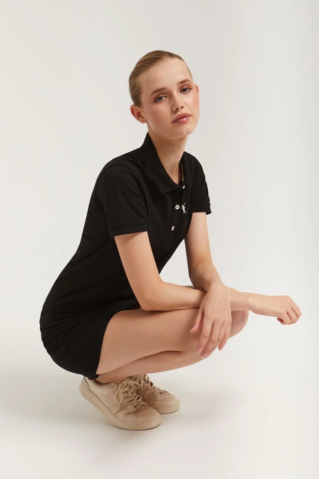 Black short-sleeve popover dress with Rigby Go embroidery