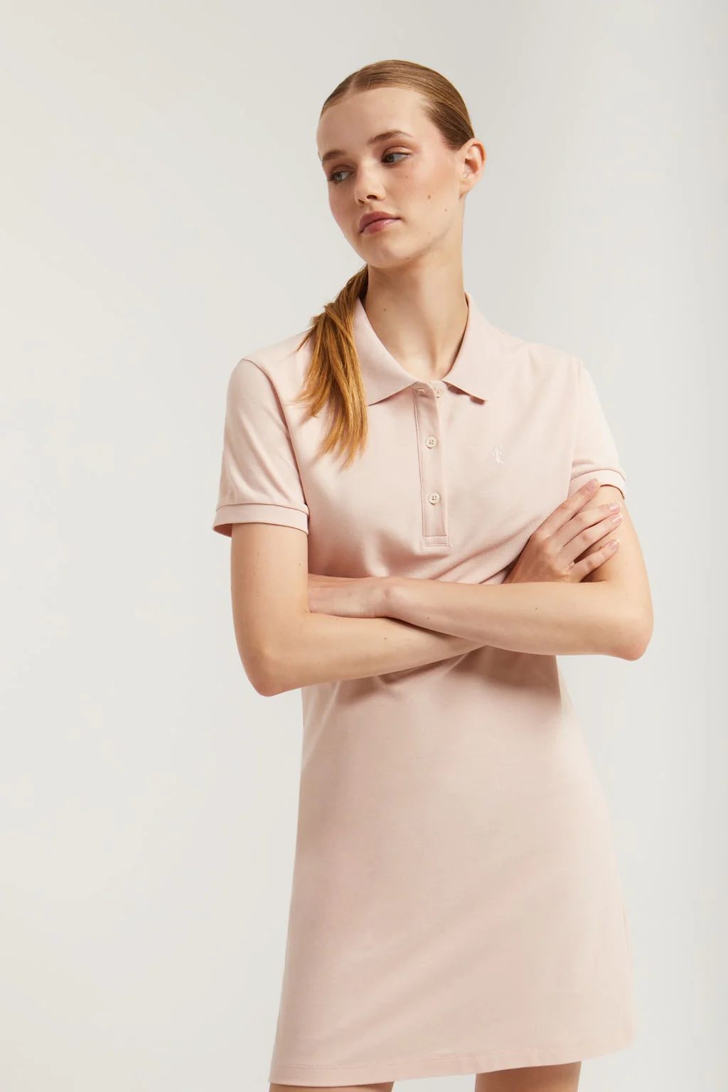 Blush-pink short-sleeve popover dress with Rigby Go embroidery