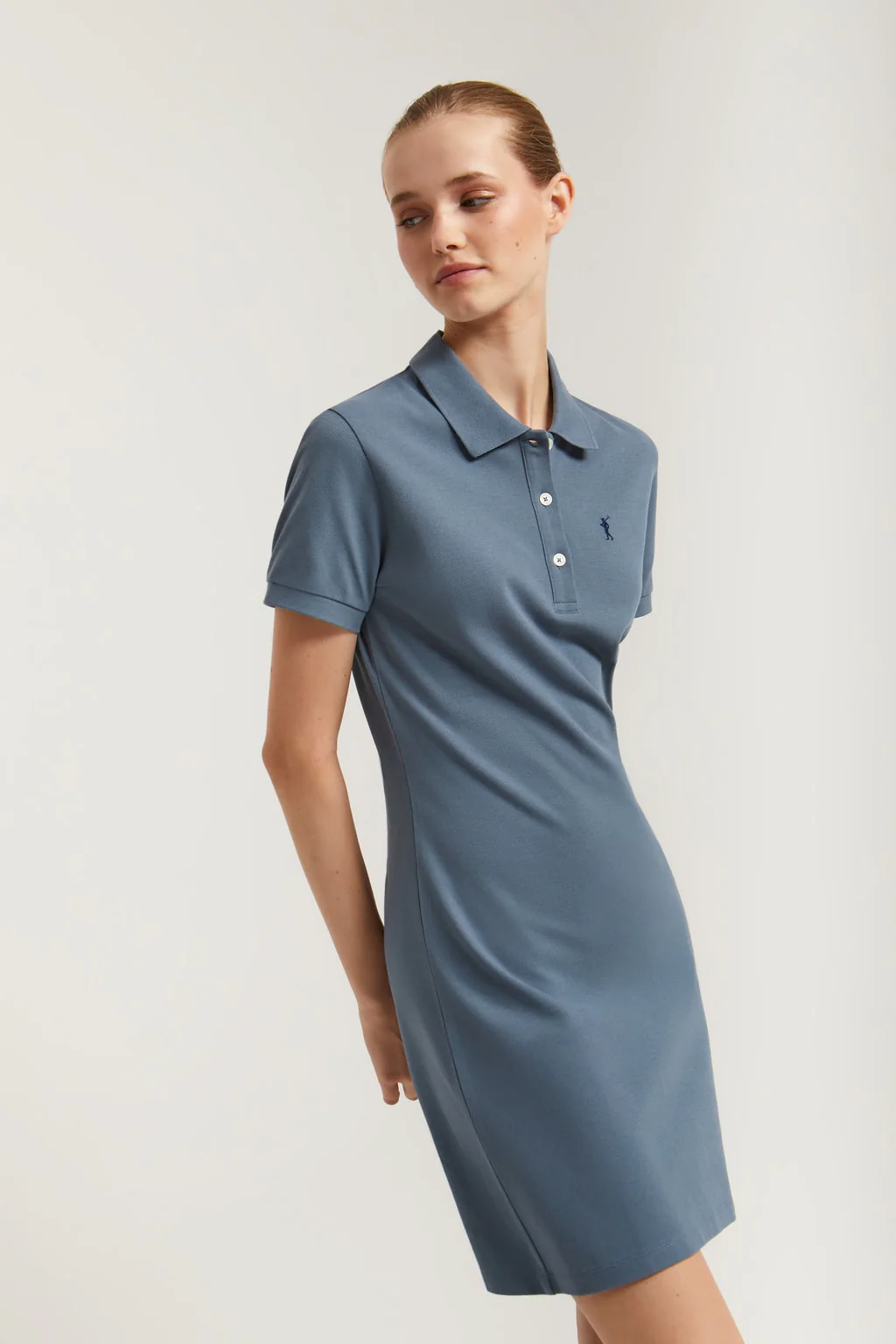 Denim-blue short-sleeve popover dress with Rigby Go embroidery - Image 3