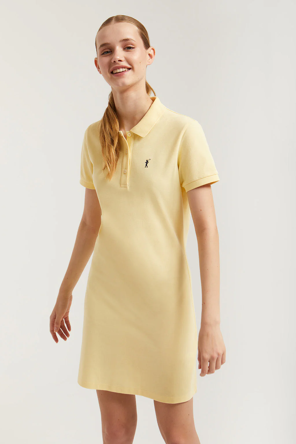 Yellow short-sleeve popover dress with Rigby Go embroidery