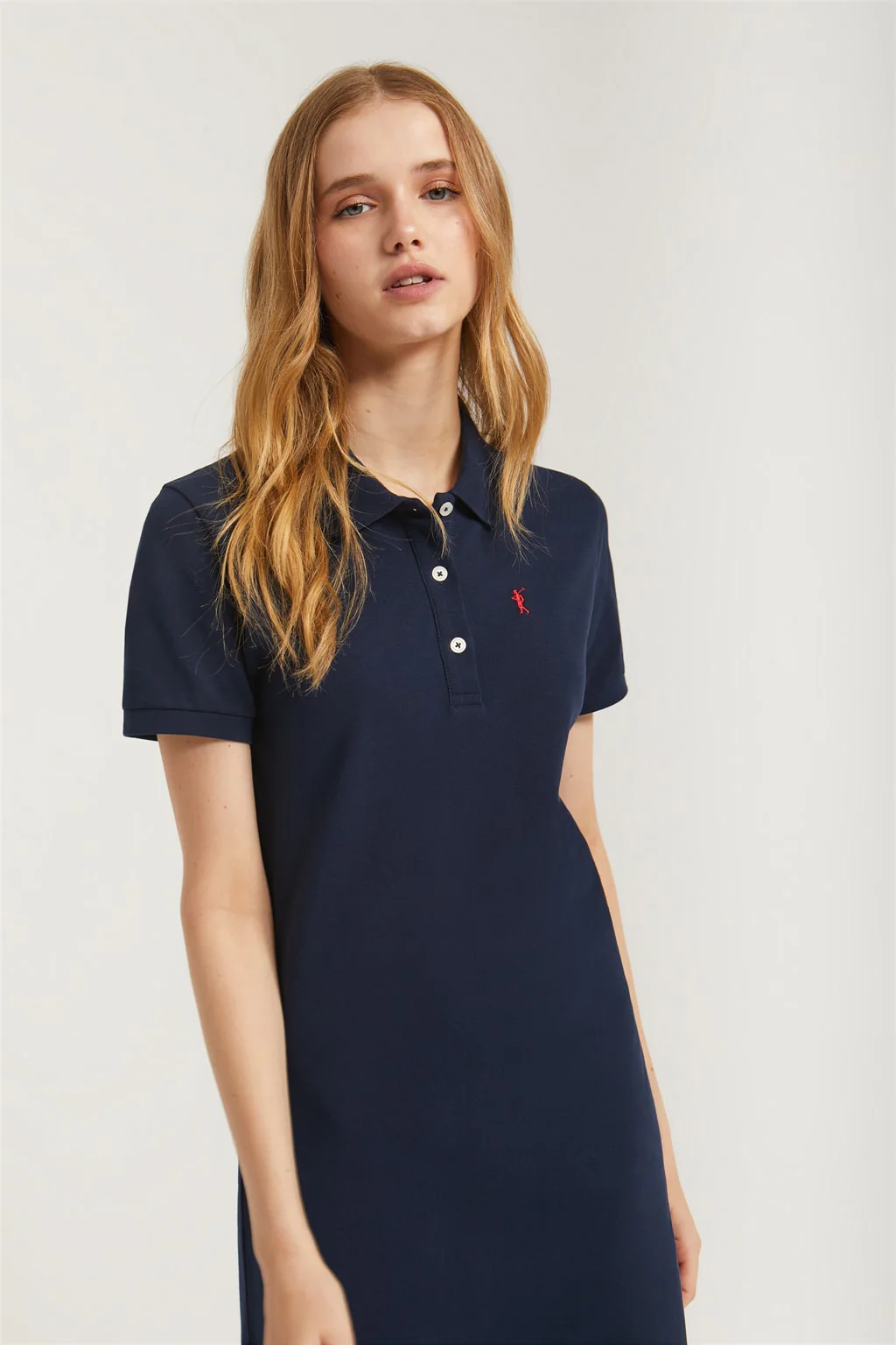 Navy-blue short-sleeve popover dress with Rigby Go embroidery