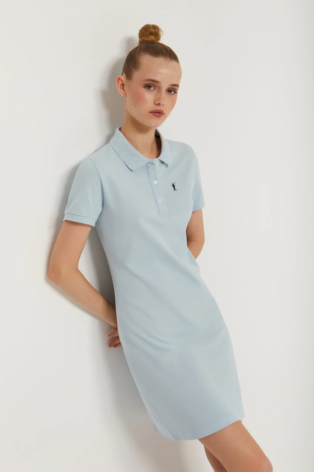 Sky-blue short-sleeve popover dress with Rigby Go embroidery