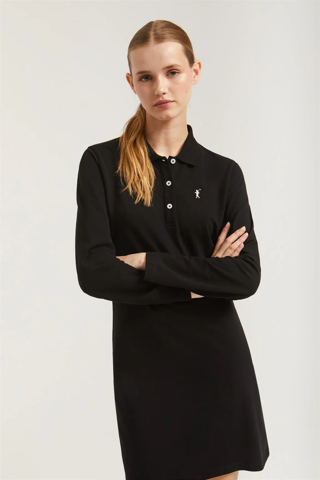 Black pique popover dress with Rigby Go embroidery