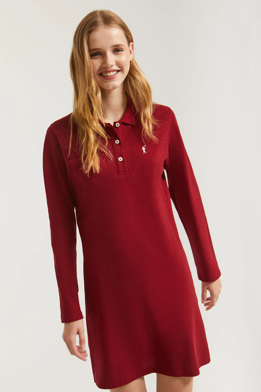 Maroon pique popover dress with Rigby Go embroidery
