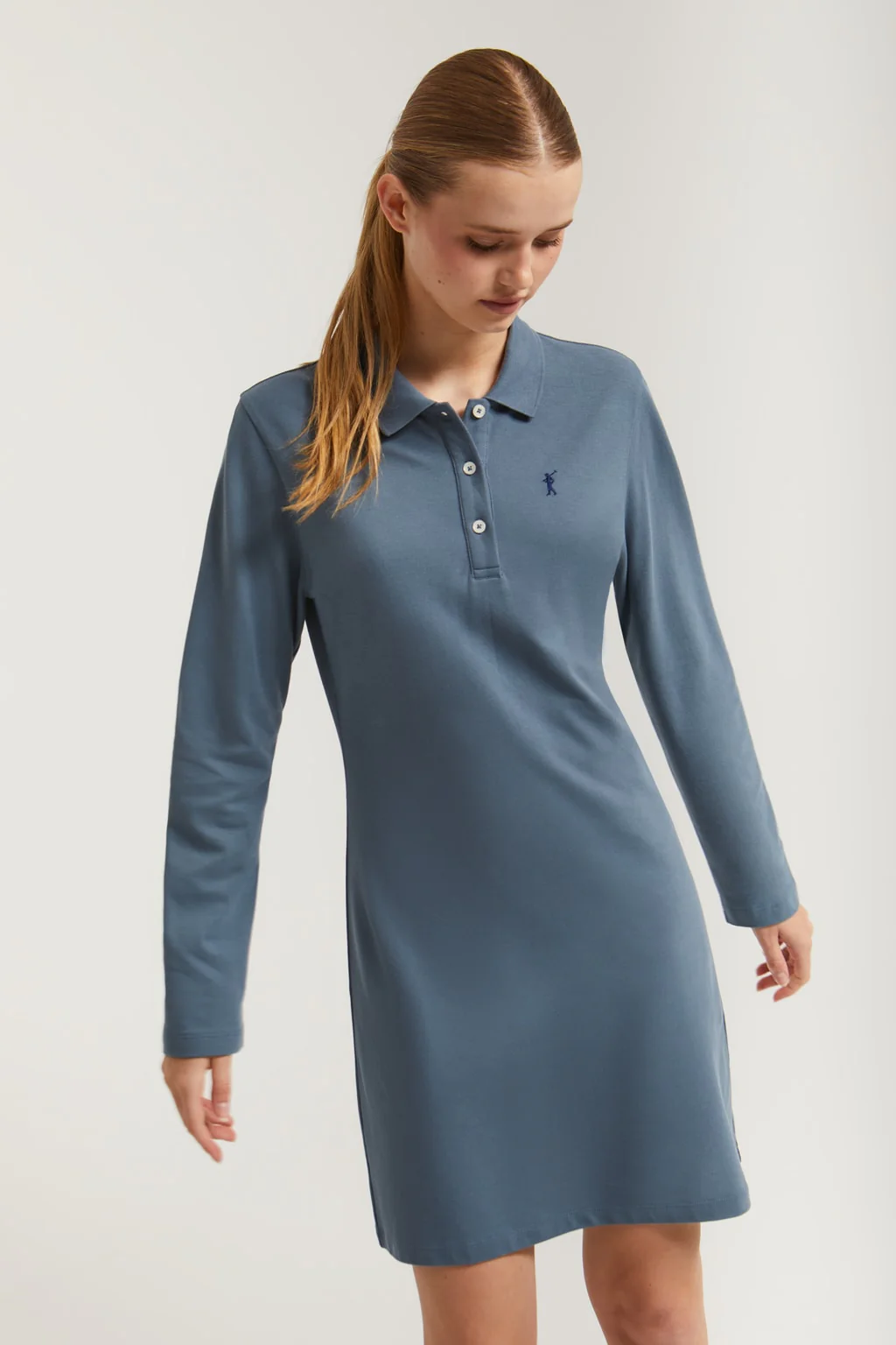 Denim-blue pique popover dress with Rigby Go embroidery