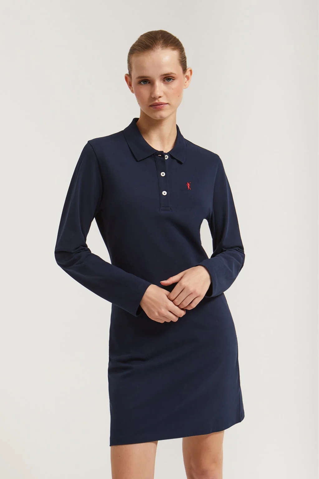 Navy-blue pique popover dress with Rigby Go embroidery