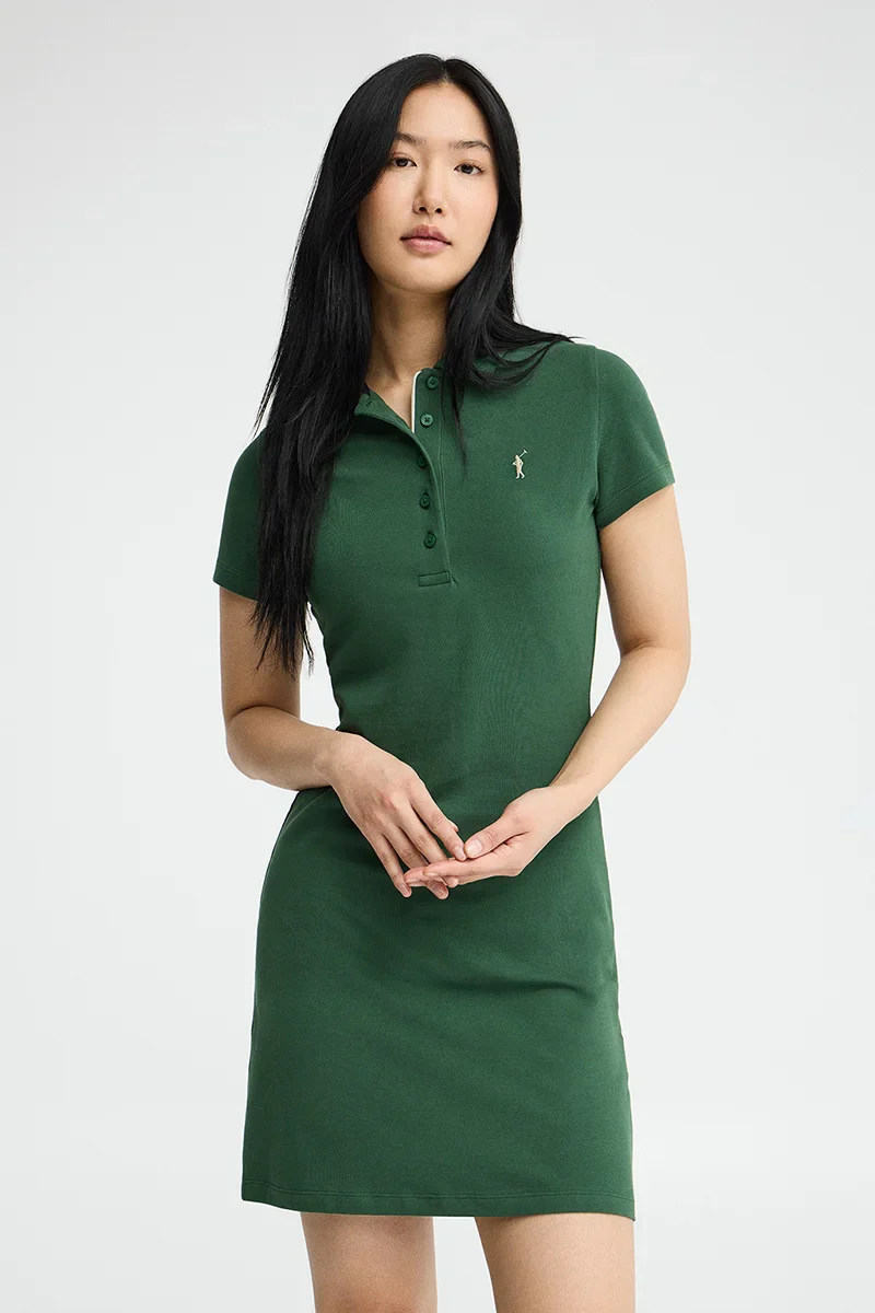 Bottle-green short polo dress with short sleeves and Rigby Go logo
