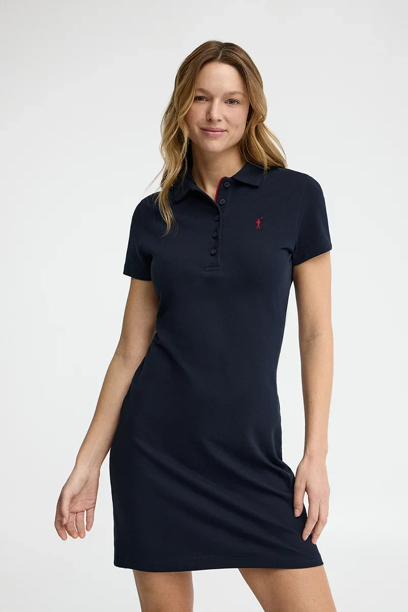 Navy-blue short polo dress with short sleeves and Rigby Go logo