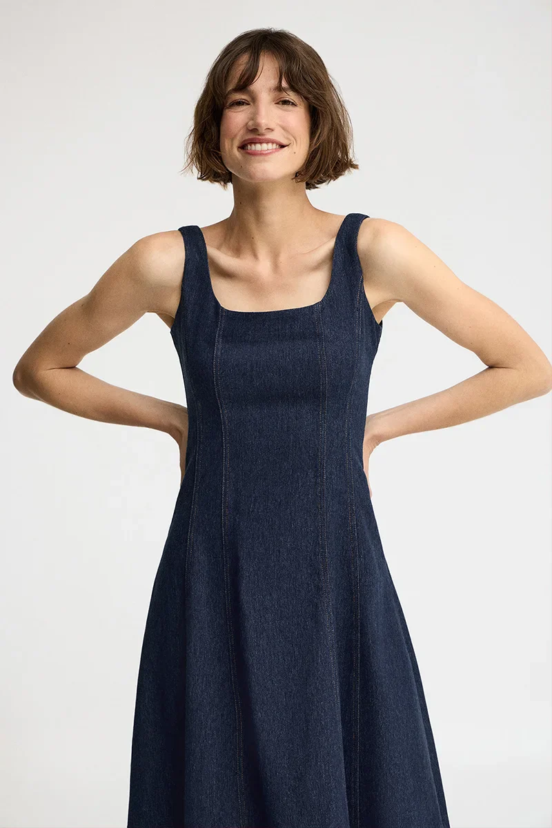 Mid-blue strappy denim dress with slim fit and Polo Club logo