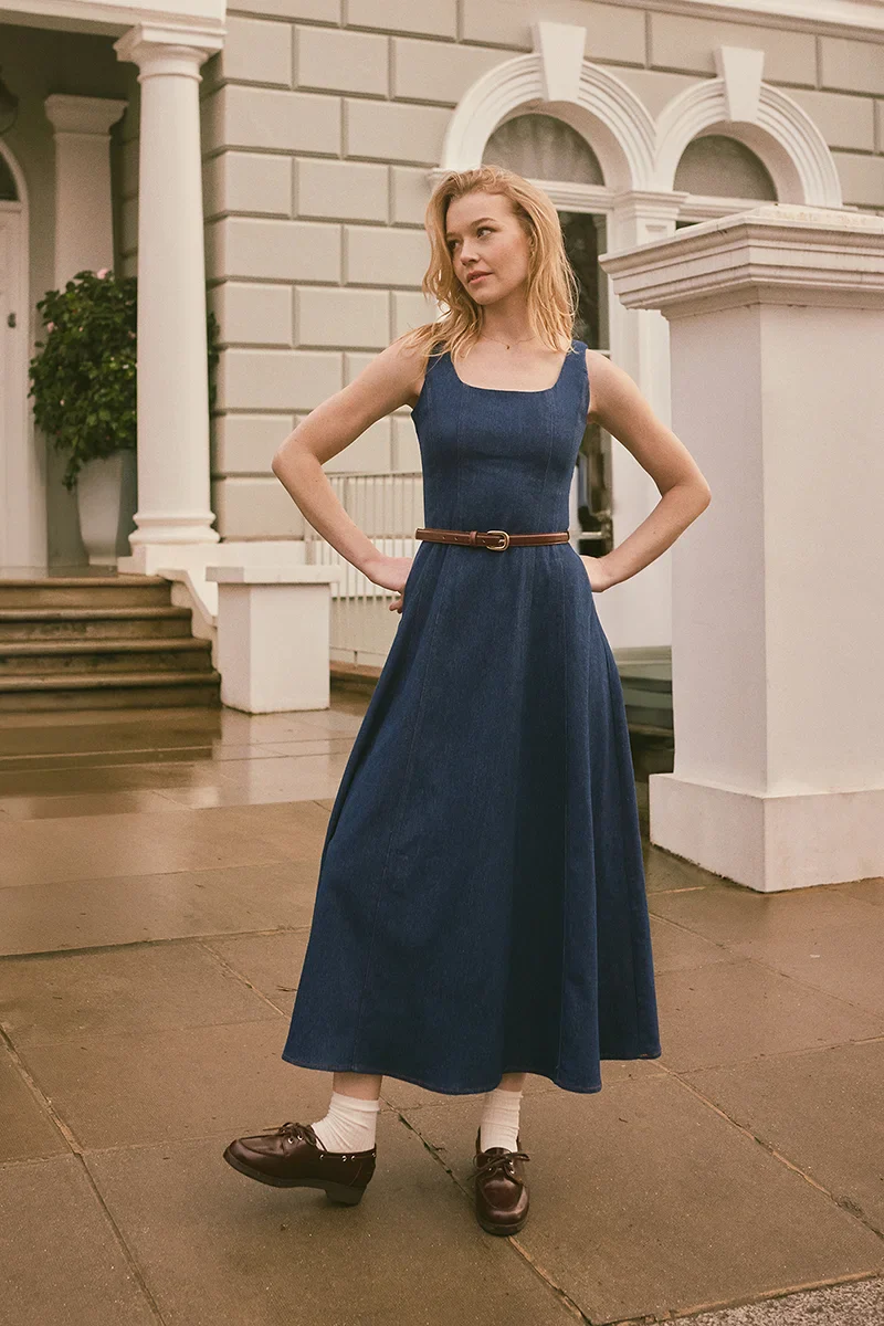 Mid-blue strappy denim dress with slim fit and Polo Club logo - Image 4