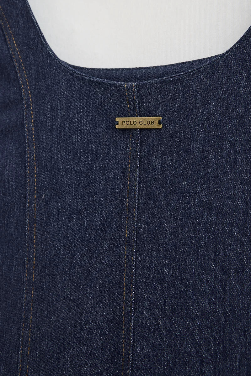 Mid-blue strappy denim dress with slim fit and Polo Club logo - Image 8