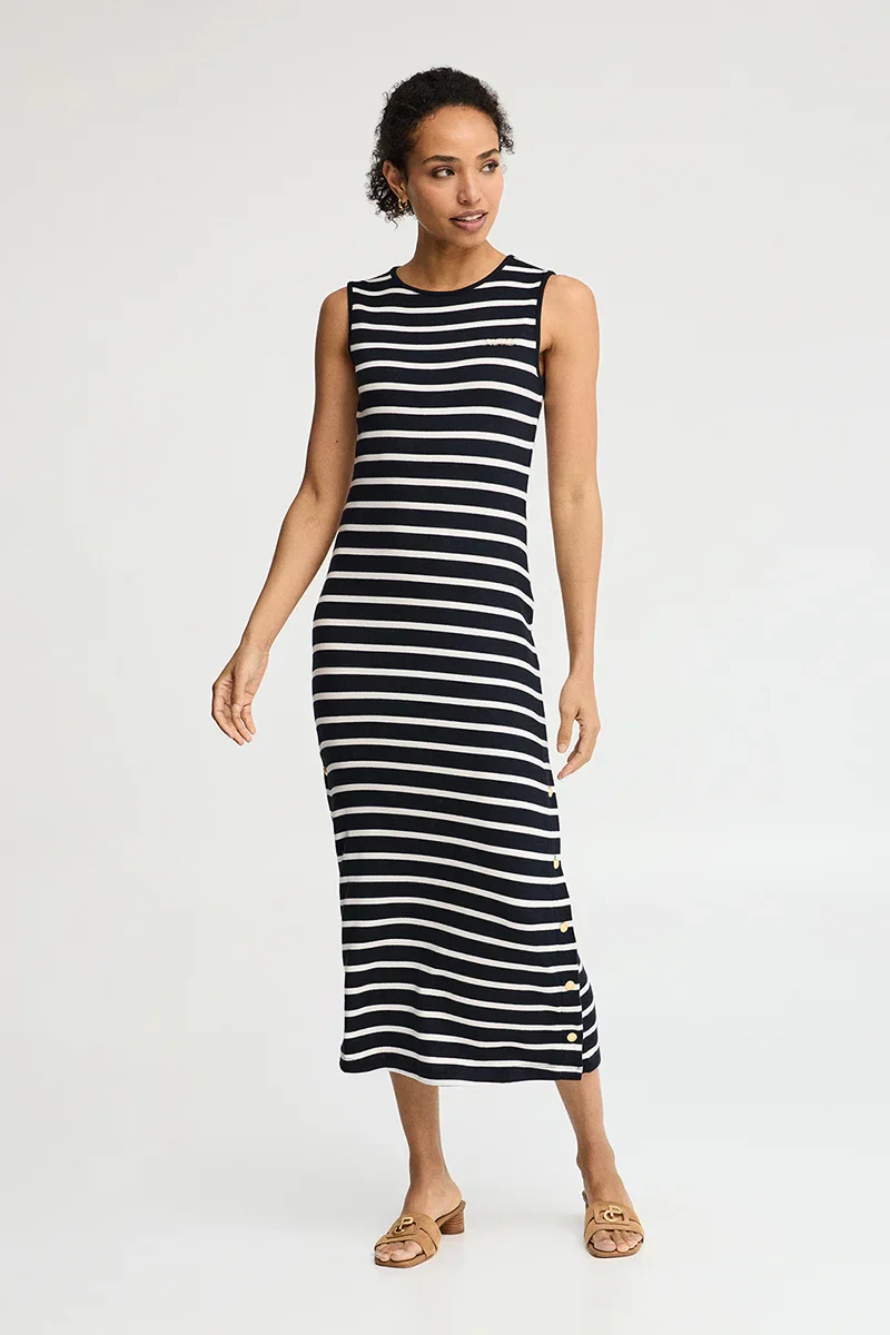 Navy-blue and white striped dress with nautical Polo Club branding