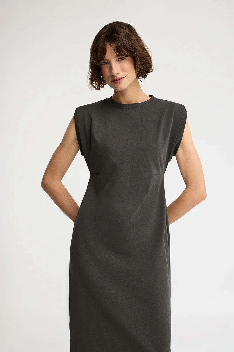 Stone-grey sleeveless round-neck dress with Polo Club logo