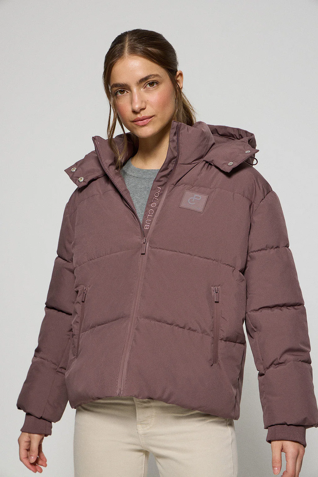 Pink taupe short jacket Artic with fixed hood and Polo Club details