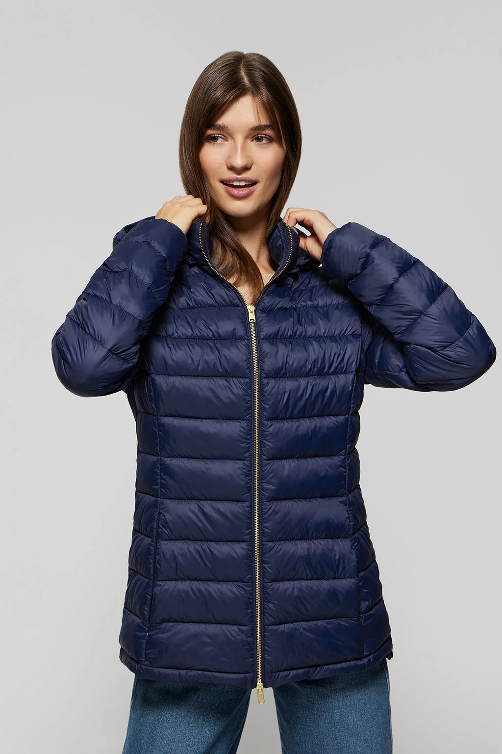 Navy-blue ultralight Carla jacket with hood and Polo Club logo