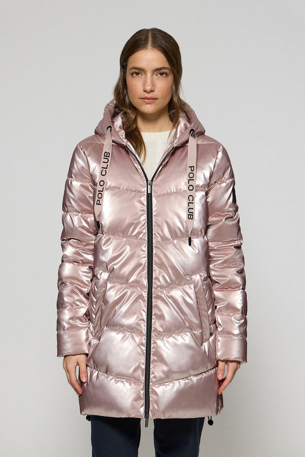 Pink metal-effect coat Catele with fixed hood and Polo Club details