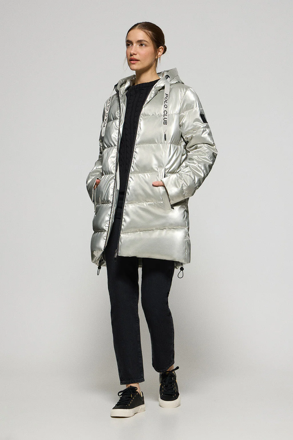 Platinum metal-effect coat Catele with fixed hood and Polo Club details - Image 3