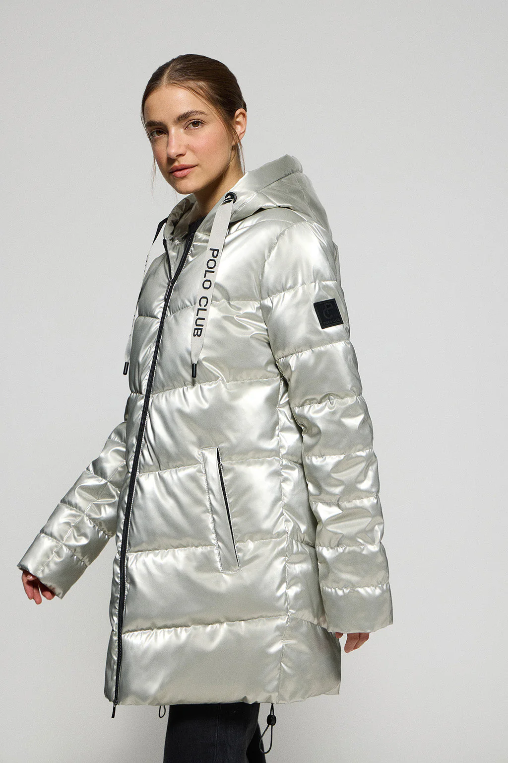 Platinum metal-effect coat Catele with fixed hood and Polo Club details - Image 4
