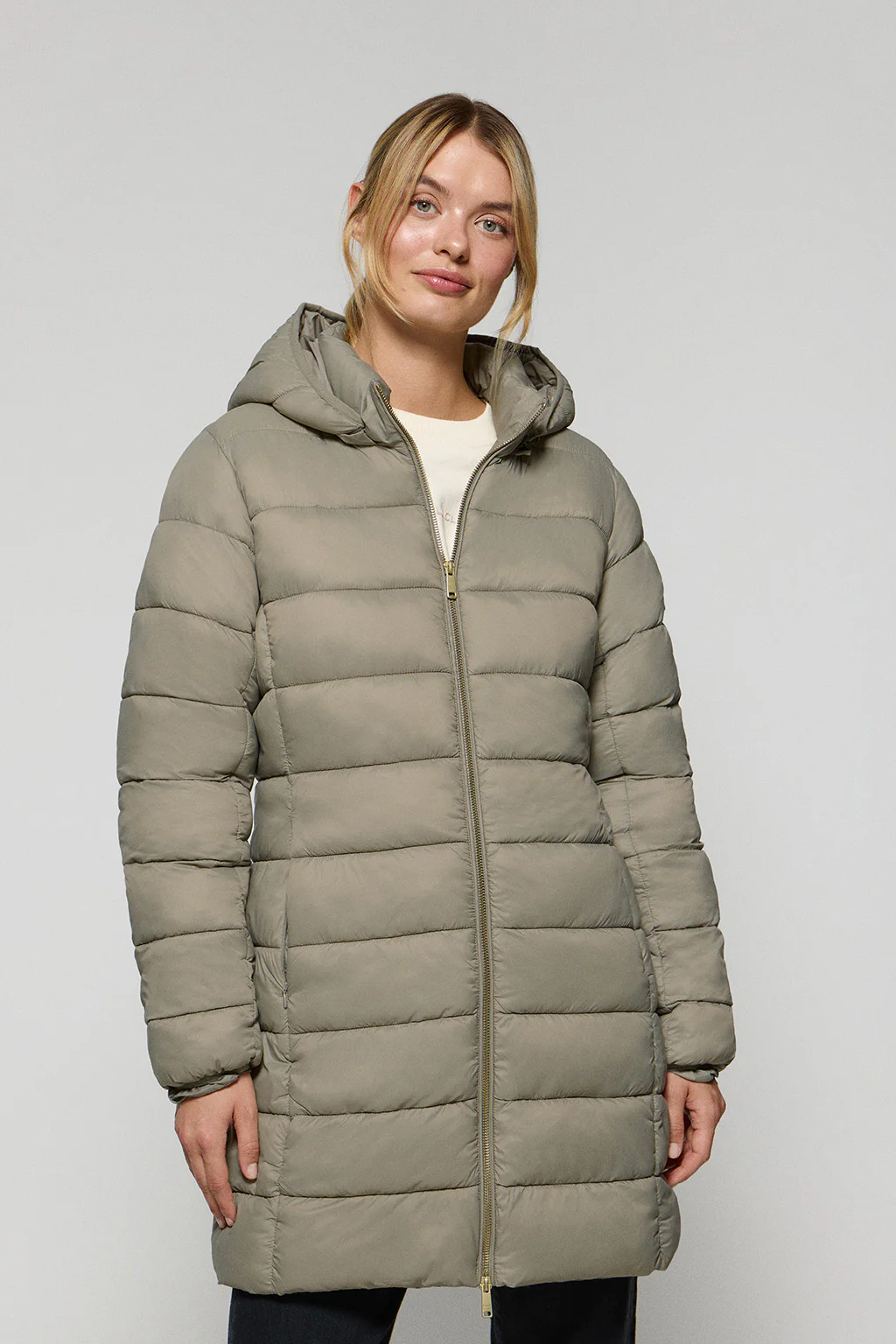 Taupe ultralight coat Cecilia with detachable hood and PC embroidery